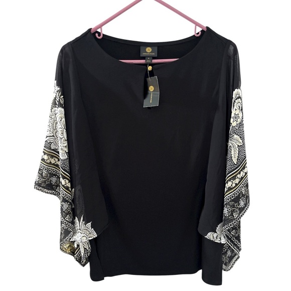 JM Collection Tops - NWT JM Collection Floral Printed Kimono Overlay Sleeves Deep Black Comb Blouse M